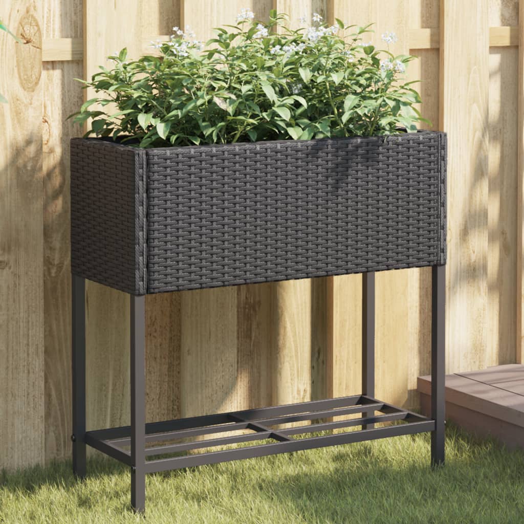 Fioriera da Giardino con Ripiano Nera in Polyrattan 366387