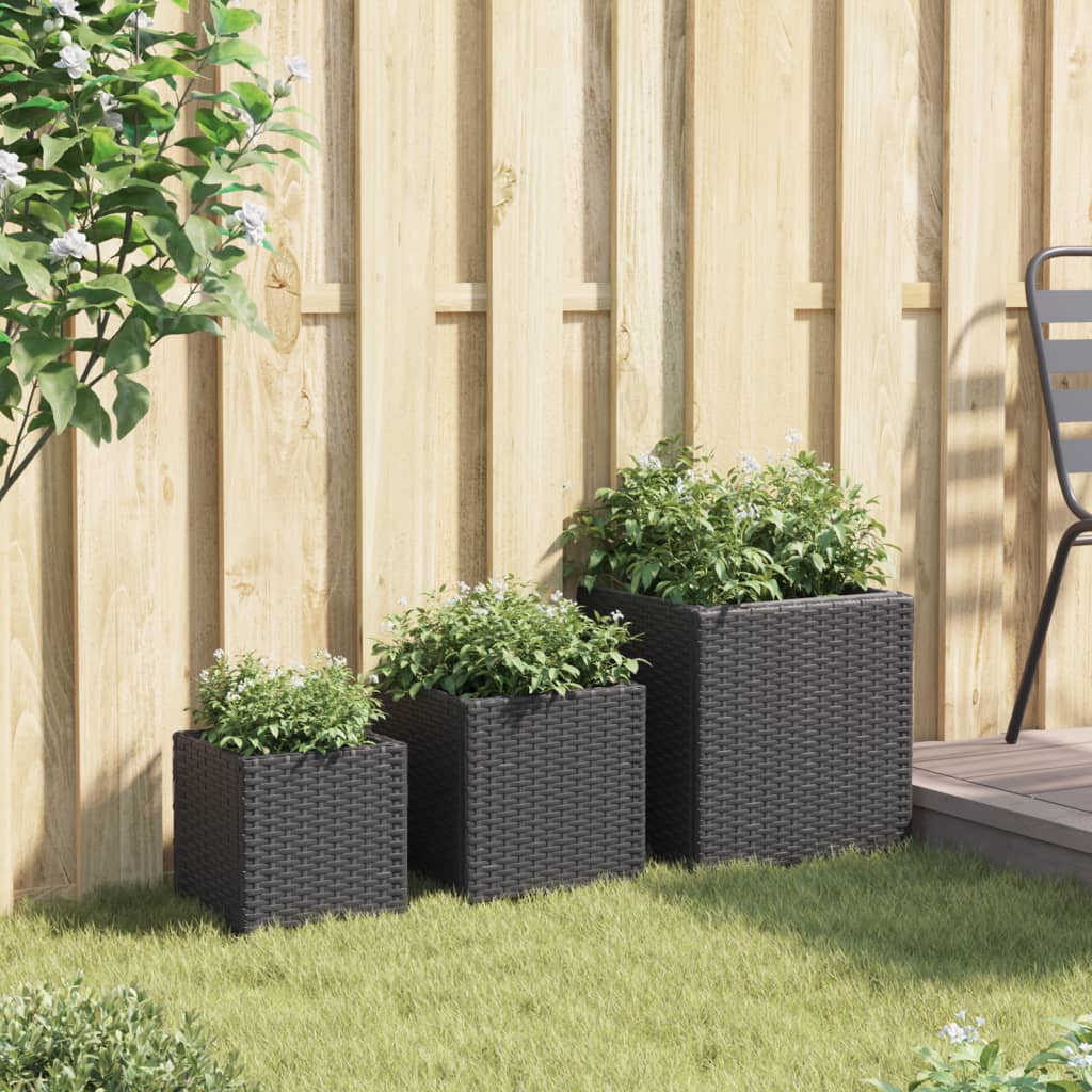 Fioriere da Giardino 3 pz Nere in Polyrattan 366395