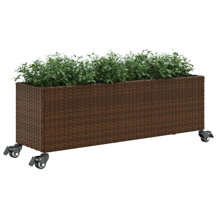 Fioriera con Ruote e 3 Vasi Marrone 107x32x38 cm in Polyrattan 366420