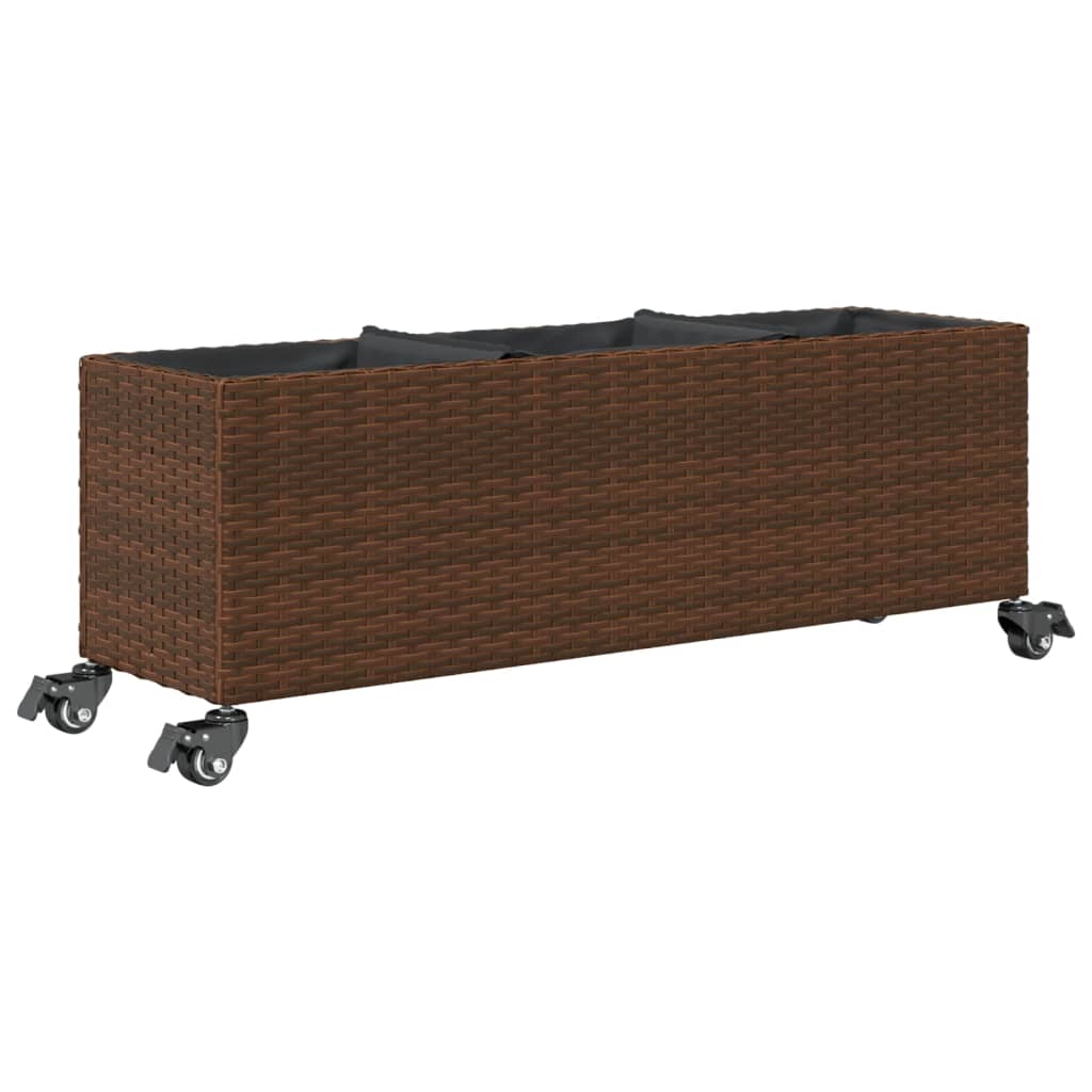 Fioriera con Ruote e 3 Vasi Marrone 107x32x38 cm in Polyrattan 366420