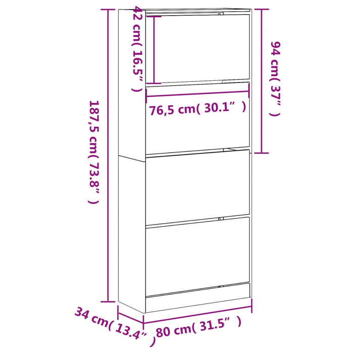 Scarpiera con 4 Cassetti Ribaltabili Bianca 80x34x187,5 cm 3214378