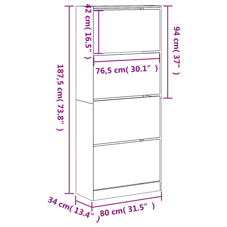 Scarpiera 4 Cassetti Ribaltabili Rovere Sonoma 80x34x187,5 cm 3214380