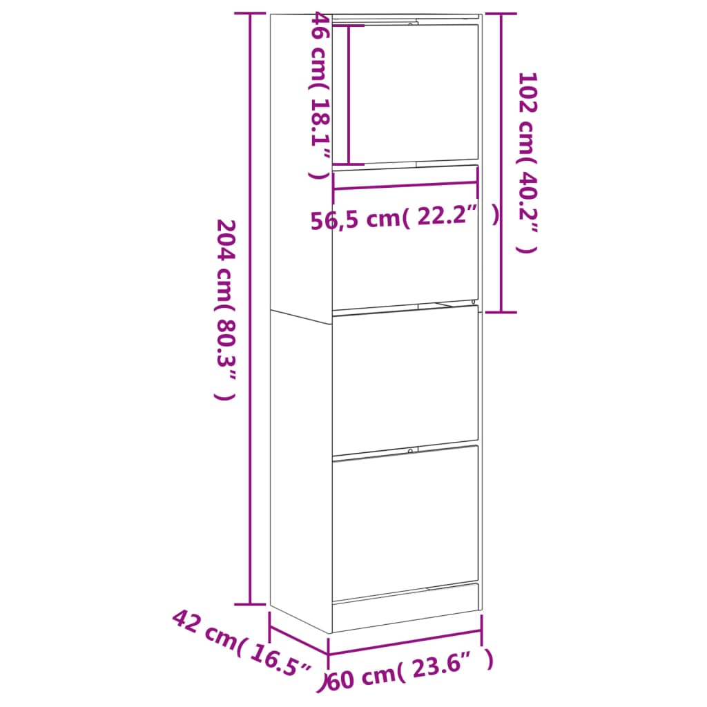 Scarpiera 4 Cassetti Ribaltabili Grigio Cemento 60x42x204 cm 3214395