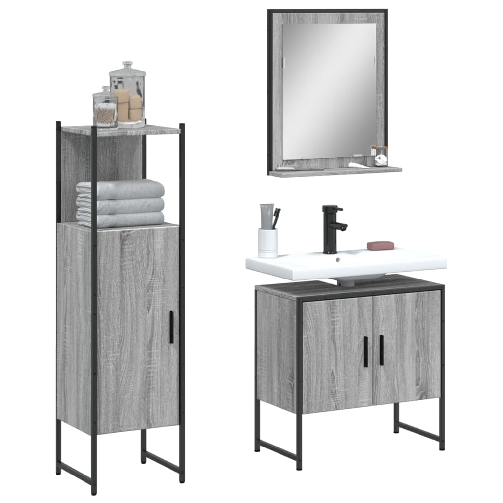 Set Mobili da Bagno 3 pz Grigio Sonoma in Legno Multistrato 3214347