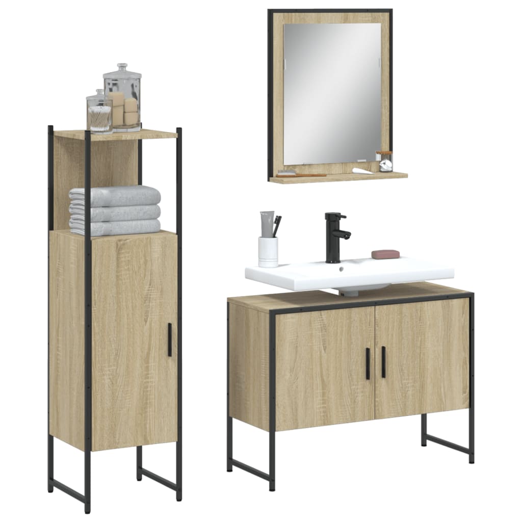 Set di Mobili da Bagno 3 pz Rovere Sonoma in Legno Multistratocod mxl 92075