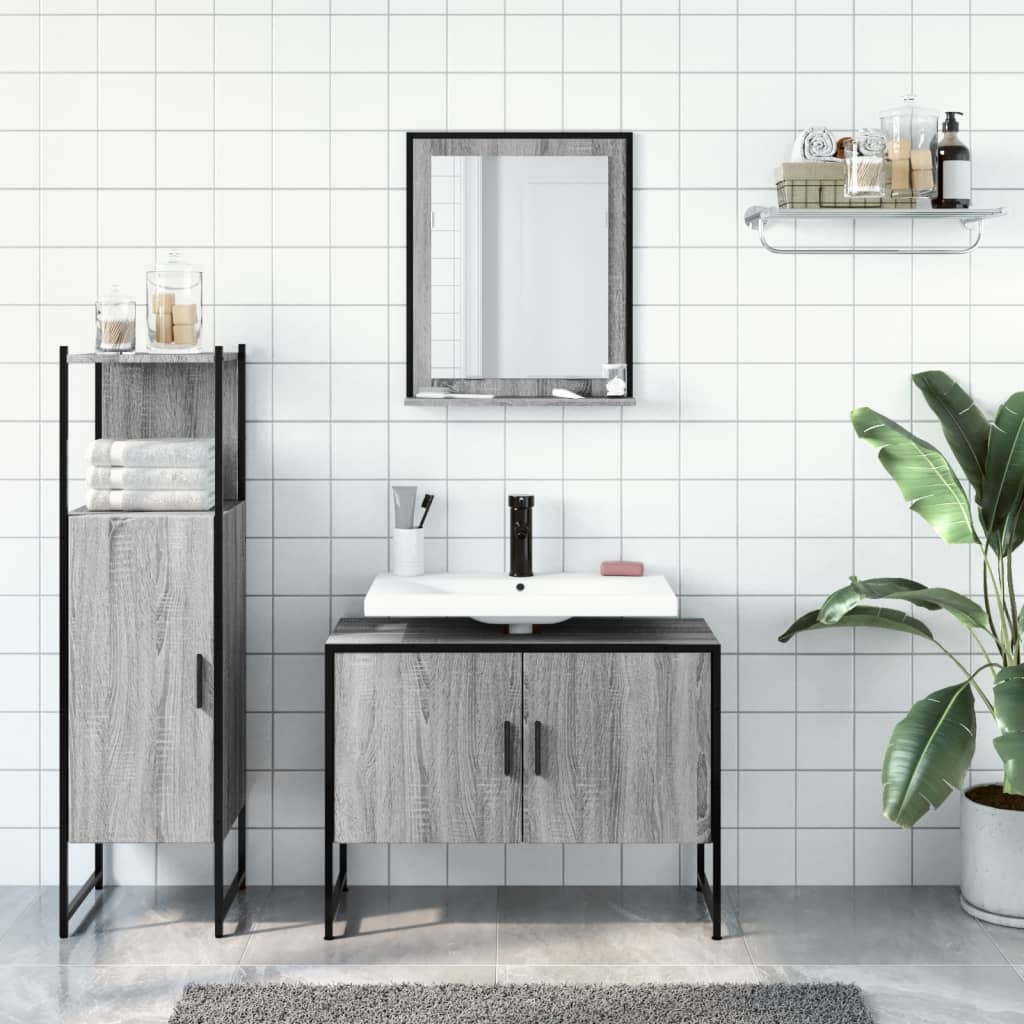 Set Mobili da Bagno 3 pz Grigio Sonoma in Legno Multistrato 3214352