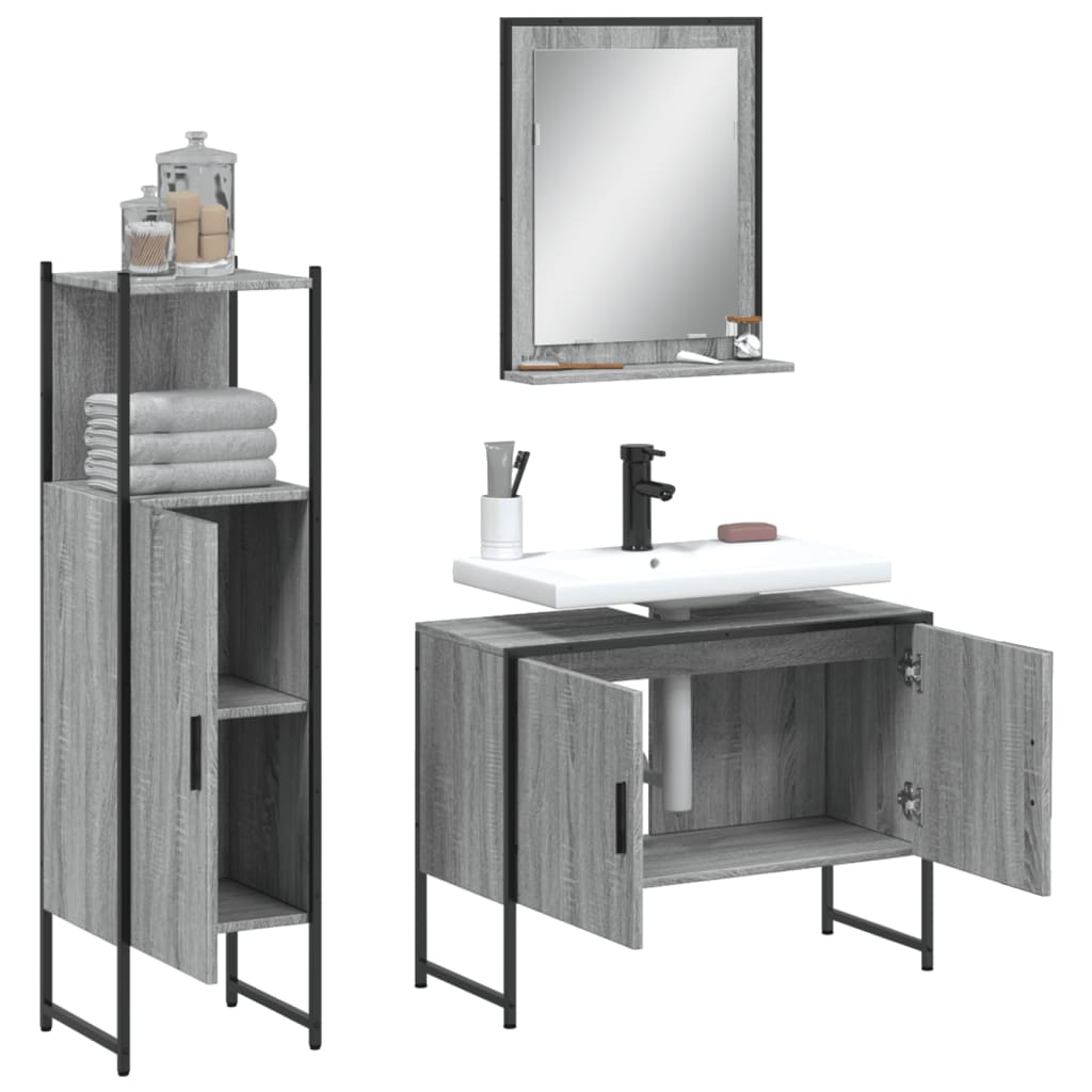 Set Mobili da Bagno 3 pz Grigio Sonoma in Legno Multistrato 3214352