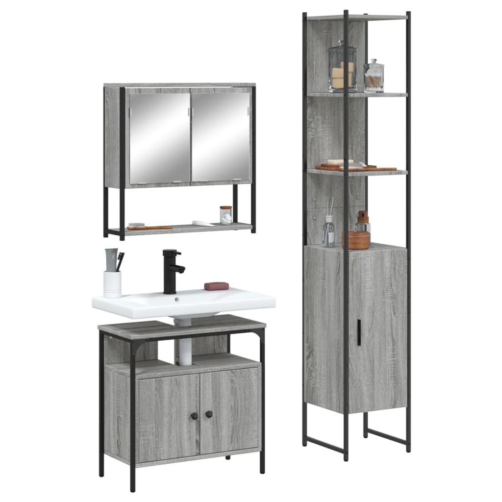 Set Mobili da Bagno 3 pz Grigio Sonoma in Legno Multistrato 3214678