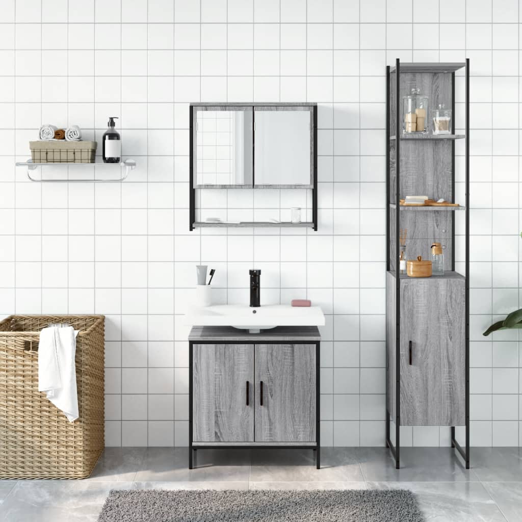 Set Mobili da Bagno 3 pz Grigio Sonoma in Legno Multistrato 3214683