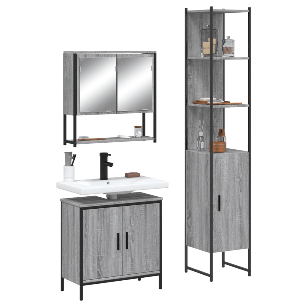 Set Mobili da Bagno 3 pz Grigio Sonoma in Legno Multistrato 3214683