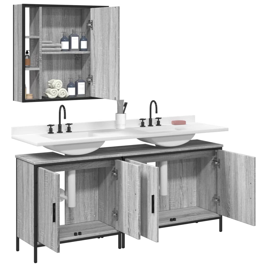 Set Mobili da Bagno 3 pz Grigio Sonoma in Legno Multistrato 3214733