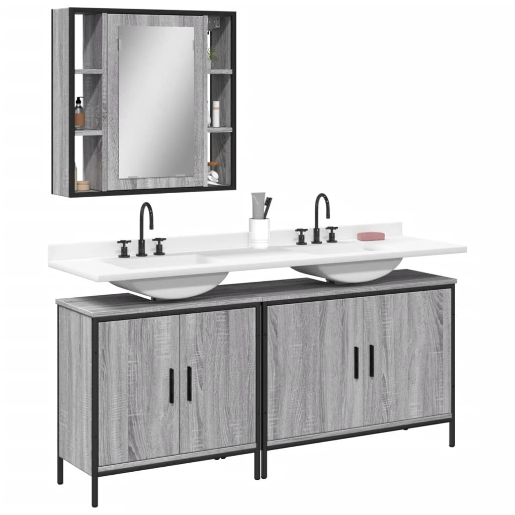 Set Mobili da Bagno 3 pz Grigio Sonoma in Legno Multistrato 3214733