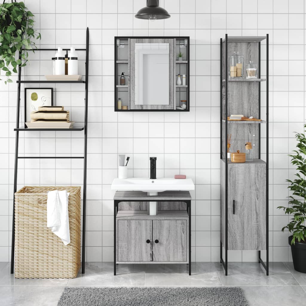 Set Mobili da Bagno 3 pz Grigio Sonoma in Legno Multistrato 3214738