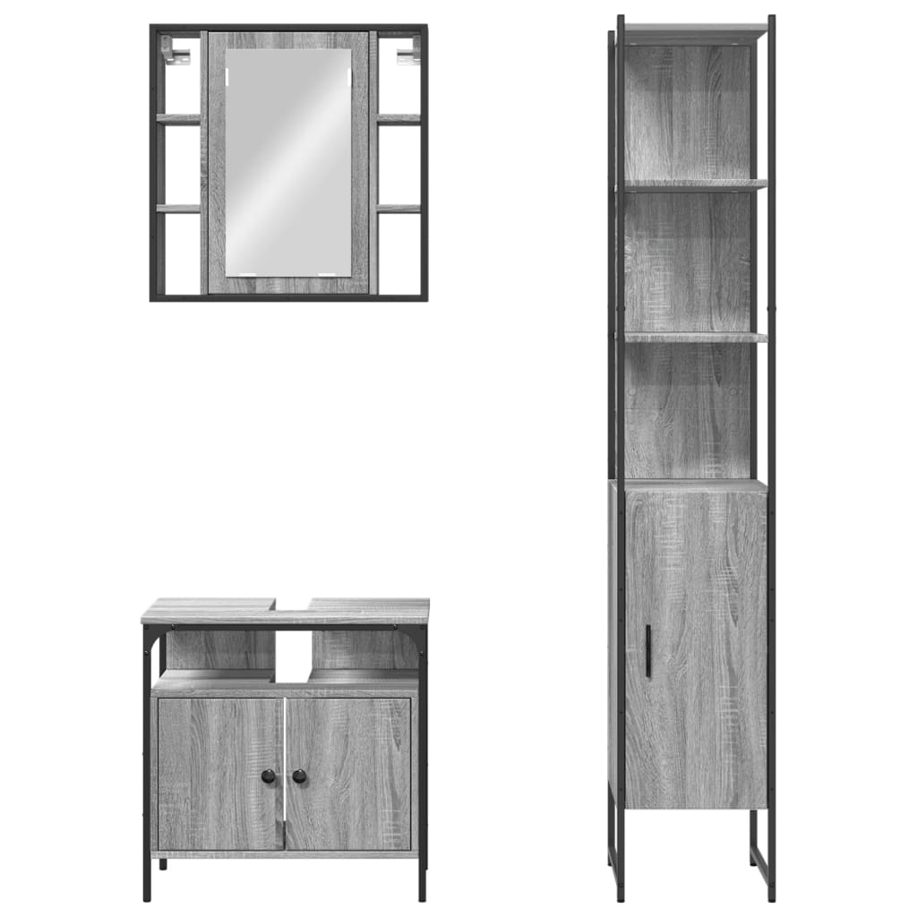 Set Mobili da Bagno 3 pz Grigio Sonoma in Legno Multistrato 3214738