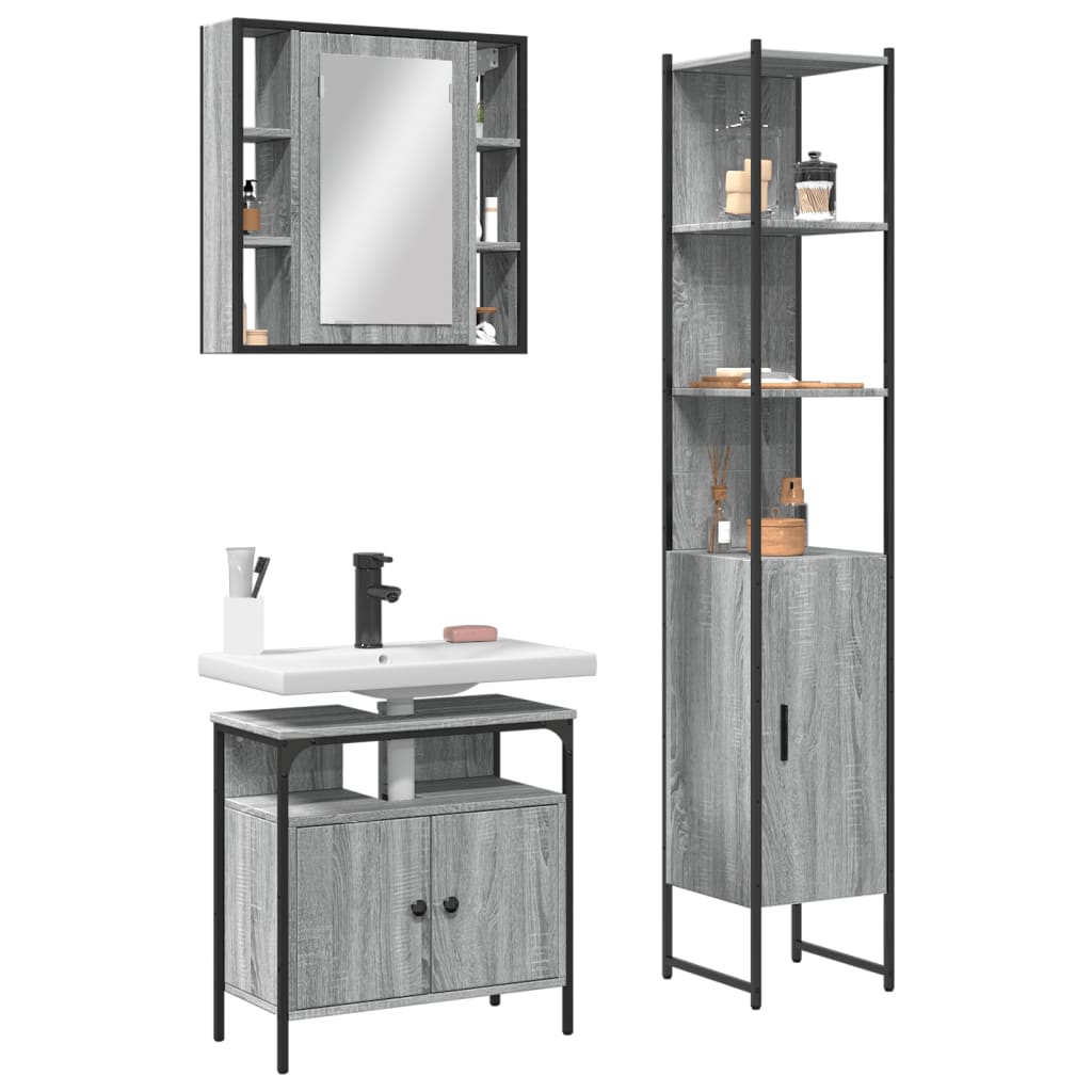 Set Mobili da Bagno 3 pz Grigio Sonoma in Legno Multistrato 3214738