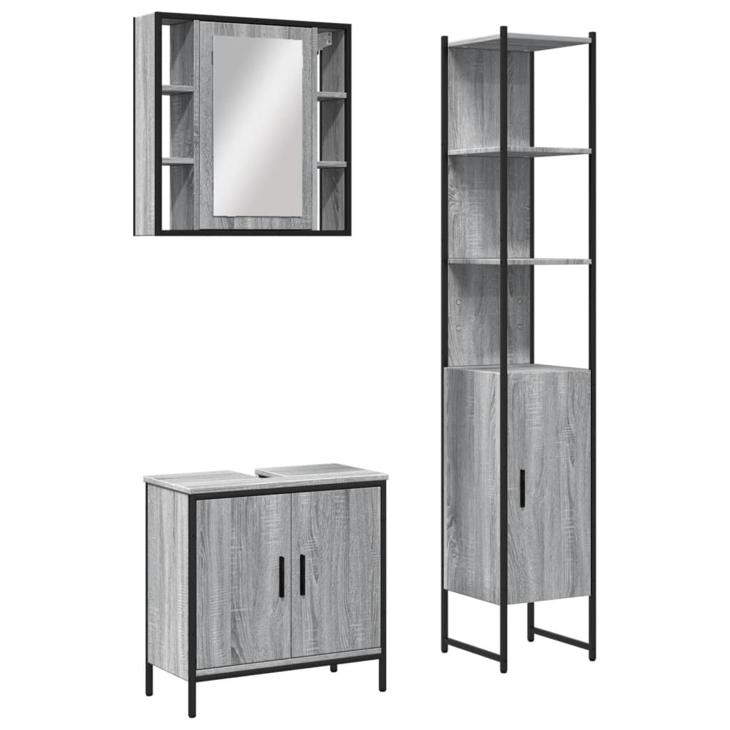 Set Mobili da Bagno 3 pz Grigio Sonoma in Legno Multistrato 3214743