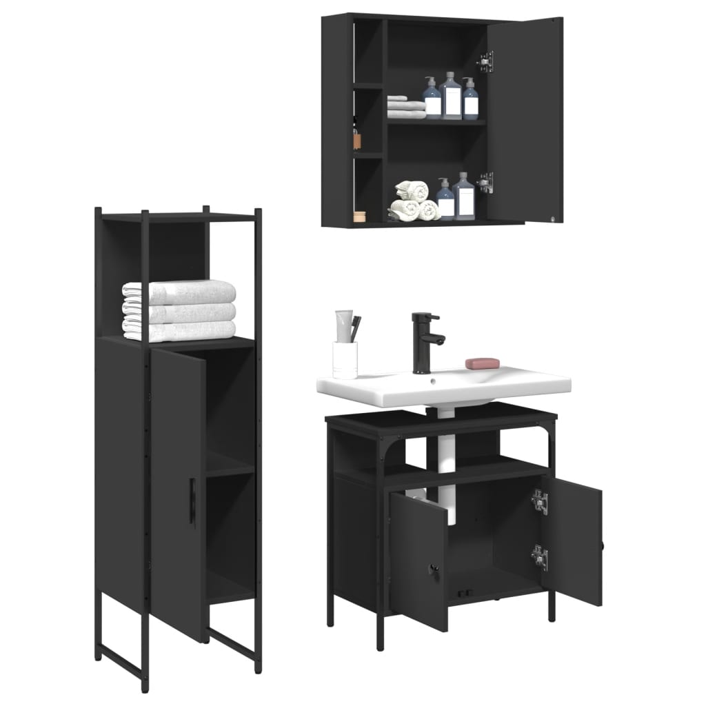 Set di Mobili da Bagno 3 pz Nero in Legno Multistrato 3214755