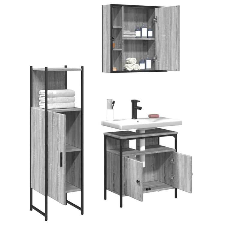 Set Mobili da Bagno 3 pz Grigio Sonoma in Legno Multistrato 3214758