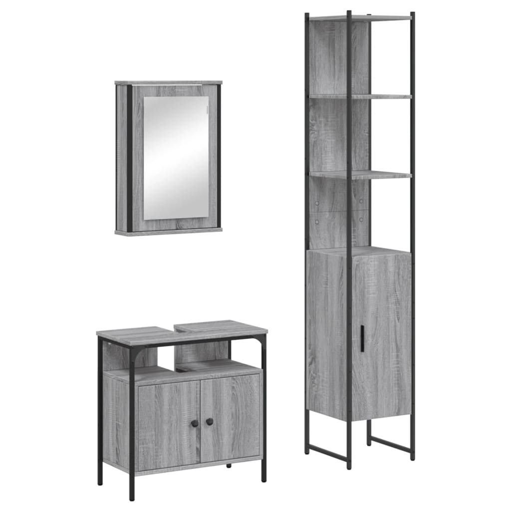 Set Mobili da Bagno 3 pz Grigio Sonoma in Legno Multistrato 3214798