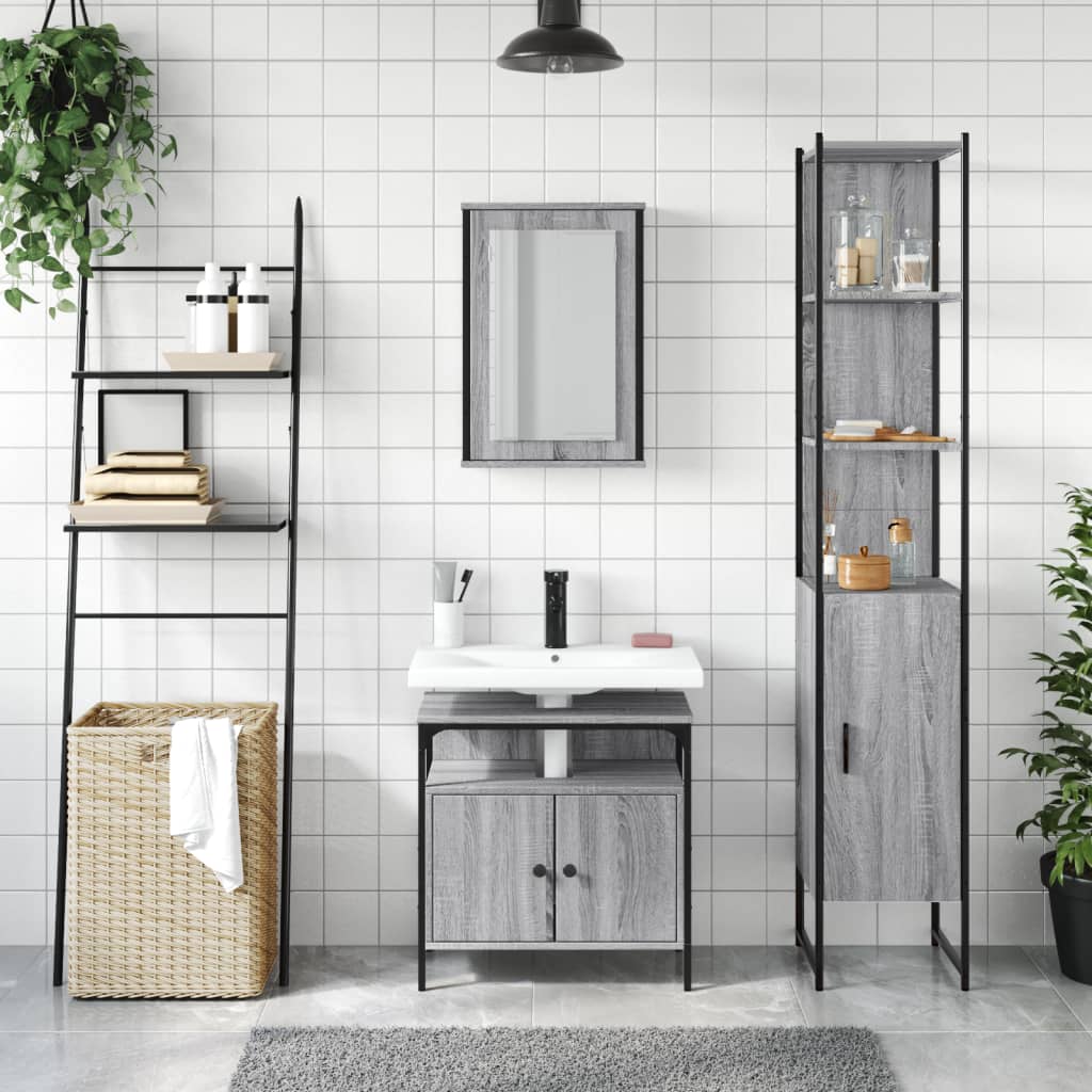 Set Mobili da Bagno 3 pz Grigio Sonoma in Legno Multistrato 3214798