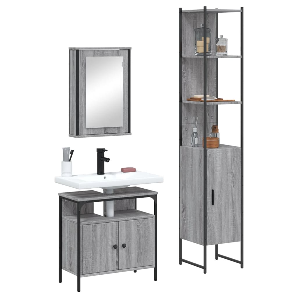 Set Mobili da Bagno 3 pz Grigio Sonoma in Legno Multistrato 3214798