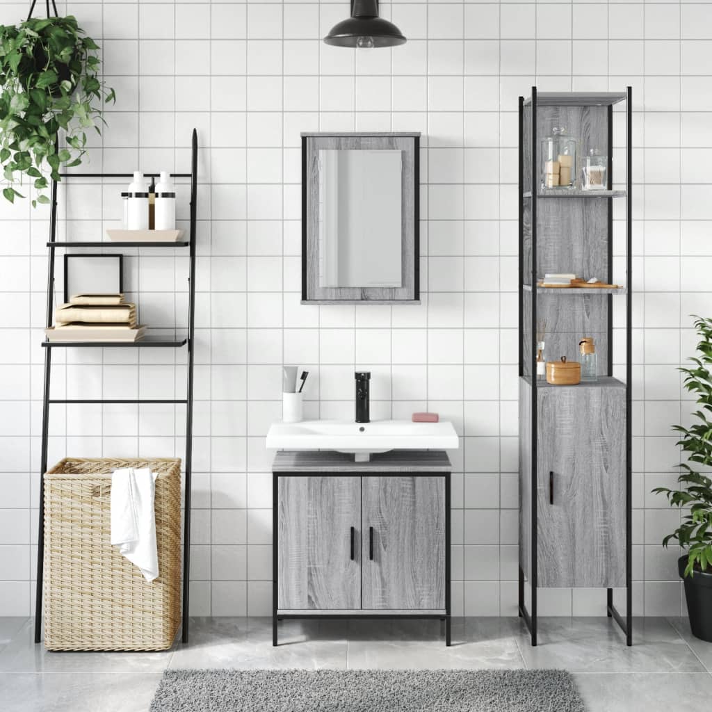 Set Mobili da Bagno 3 pz Grigio Sonoma in Legno Multistrato 3214803