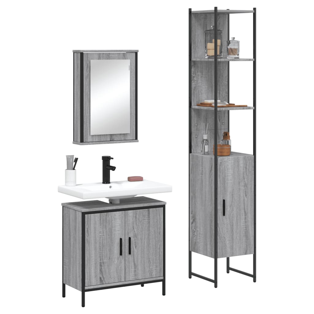 Set Mobili da Bagno 3 pz Grigio Sonoma in Legno Multistrato 3214803