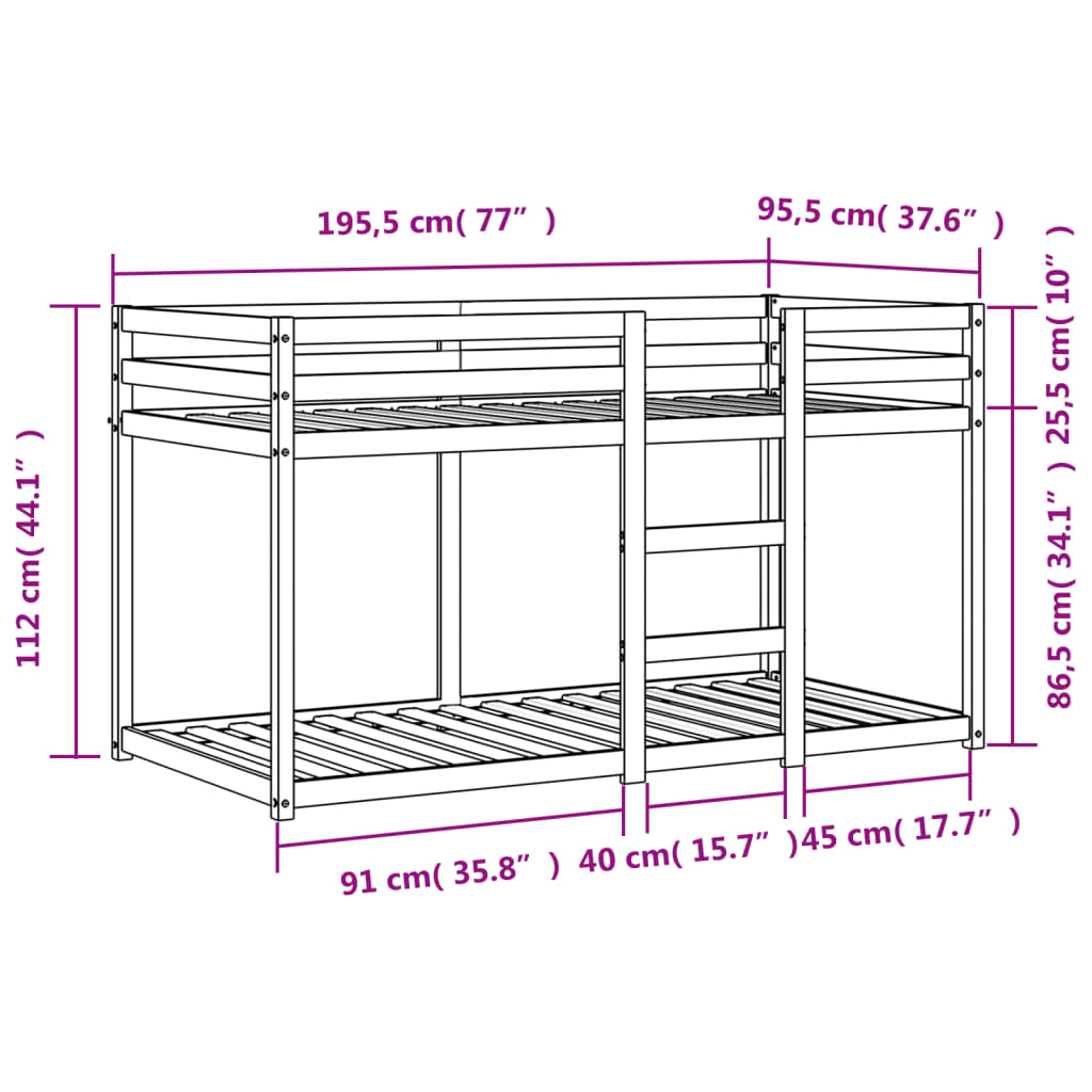 Letto a Castello Marrone Cera 90x190 cm in Legno di Pino 3214875