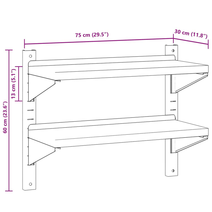 Mensola Muro 2 Ripiani 75x30x60cm Argento Acciaio Inossidabile 30313