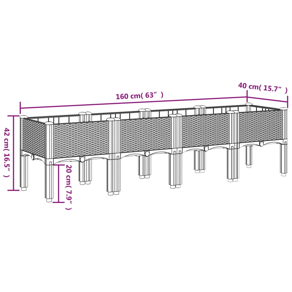 Fioriera da Giardino con Gambe Grigio Chiaro 160x40x42 cm in PP 367902