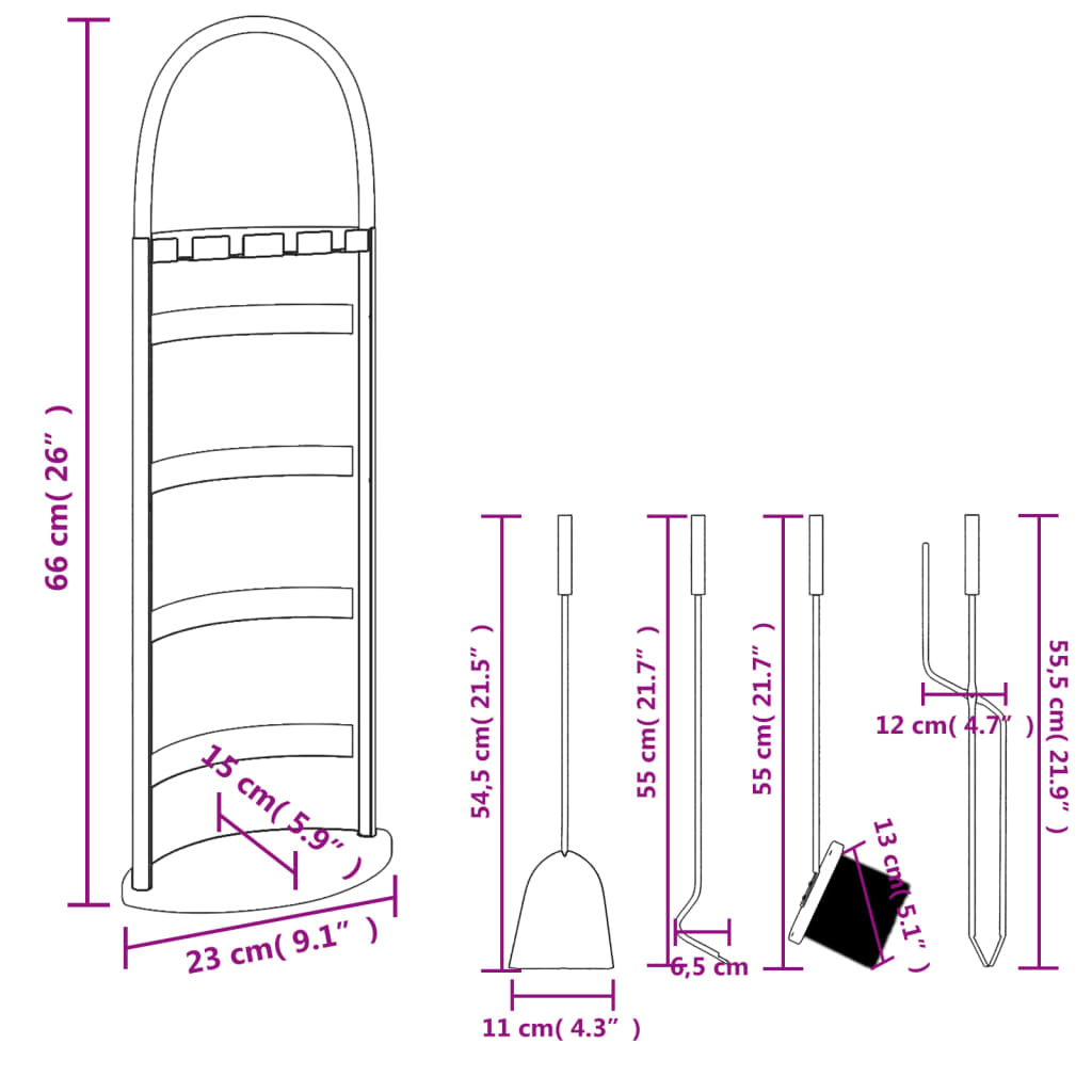 Set Attrezzi per Caminetto 5 pz 23x15x66 cm in Acciaio 156374