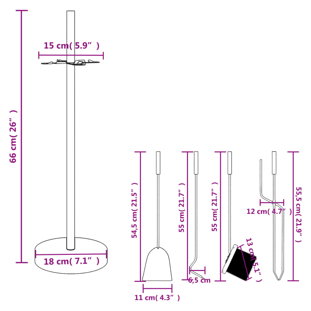 Set Attrezzi per Caminetto 5 pz 18x66 cm in Acciaio 156376