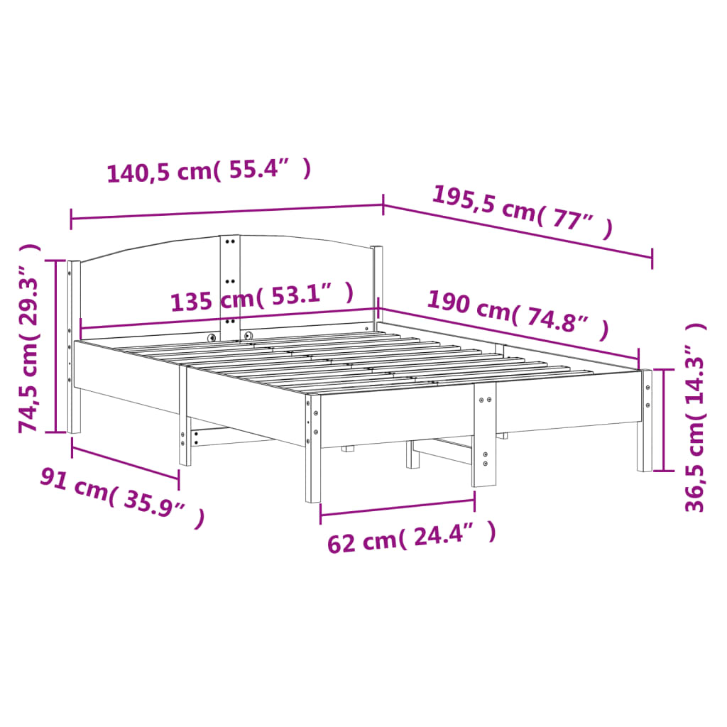 Giroletto con Testiera 135x190 cm in Legno Massello di Pino 842606