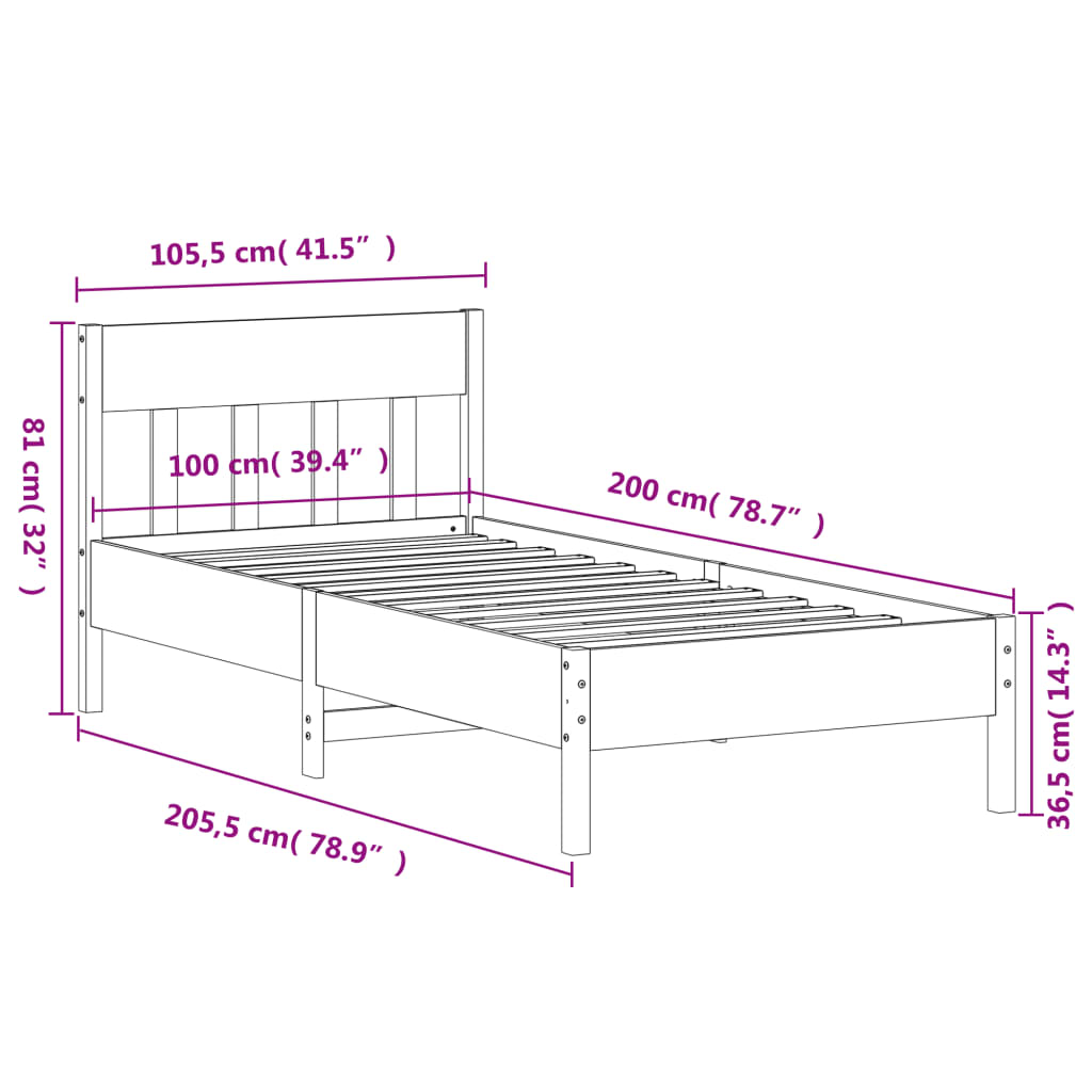 Giroletto con Testiera Bianco 100x200 cm Legno Massello di Pino 842655