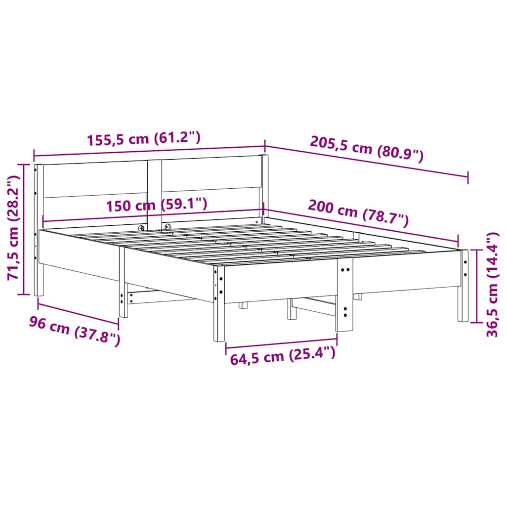 Letto senza Materasso Marrone Cera 150x200 cm in Legno di Pino 842749