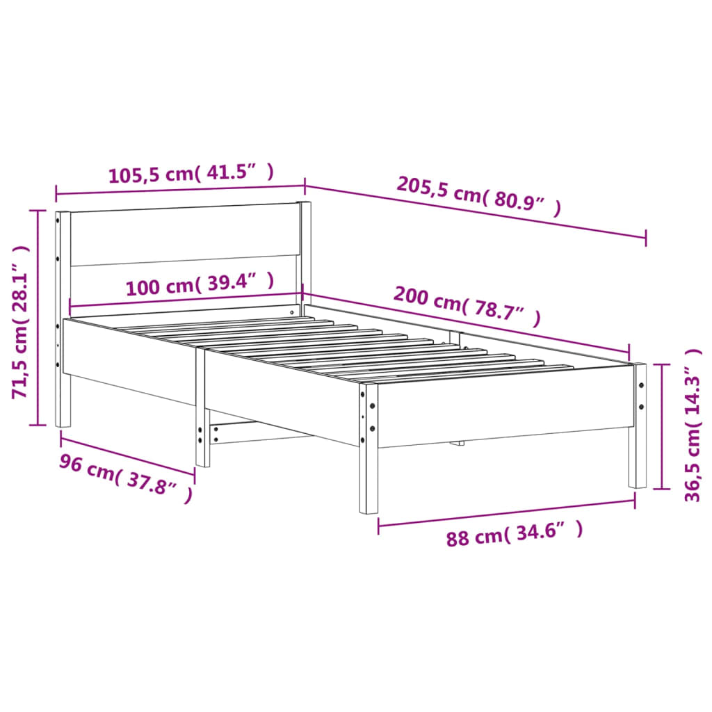 Giroletto con Testiera Bianco 100x200 cm Legno Massello di Pino 842759