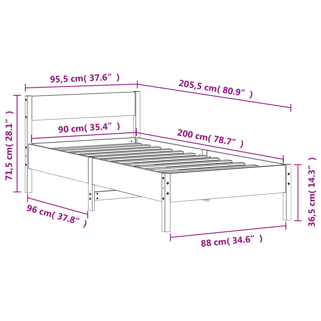 Giroletto con Testiera Bianco 90x200 cm Legno Massello di Pino 842763