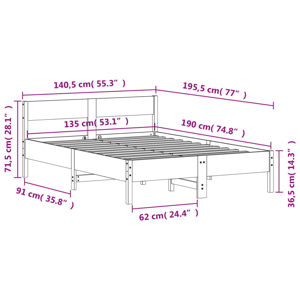 Giroletto con Testiera 135x190 cm in Legno Massello di Pino 842770