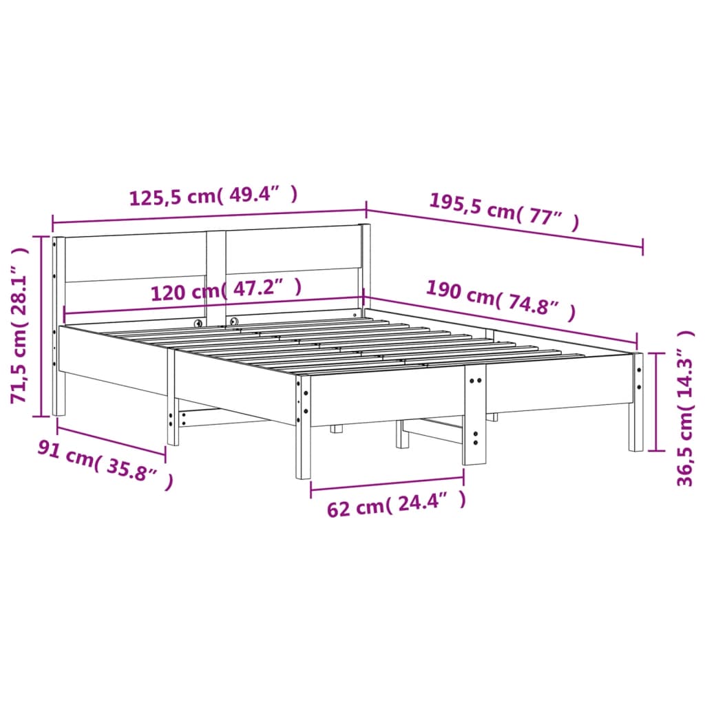 Giroletto con Testiera Marrone Cera 120x190 cm Massello Pino 842777