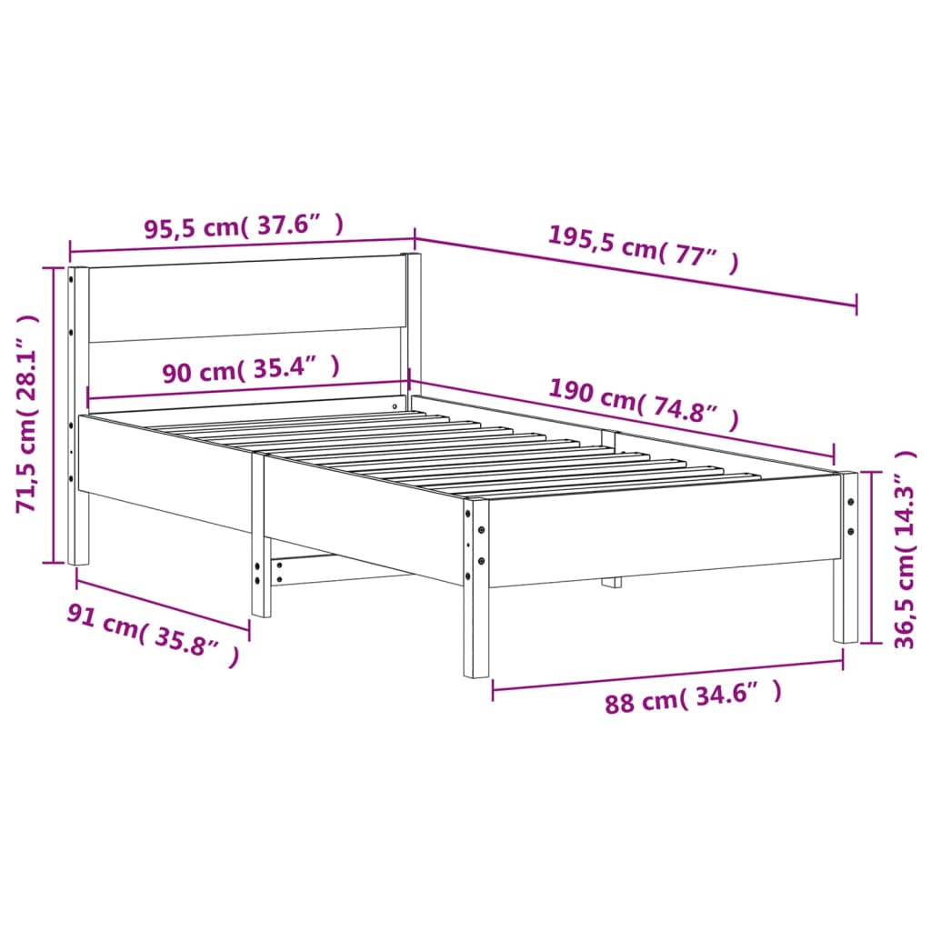 Giroletto con Testiera 90x190 cm in Legno Massello di Pino 842778