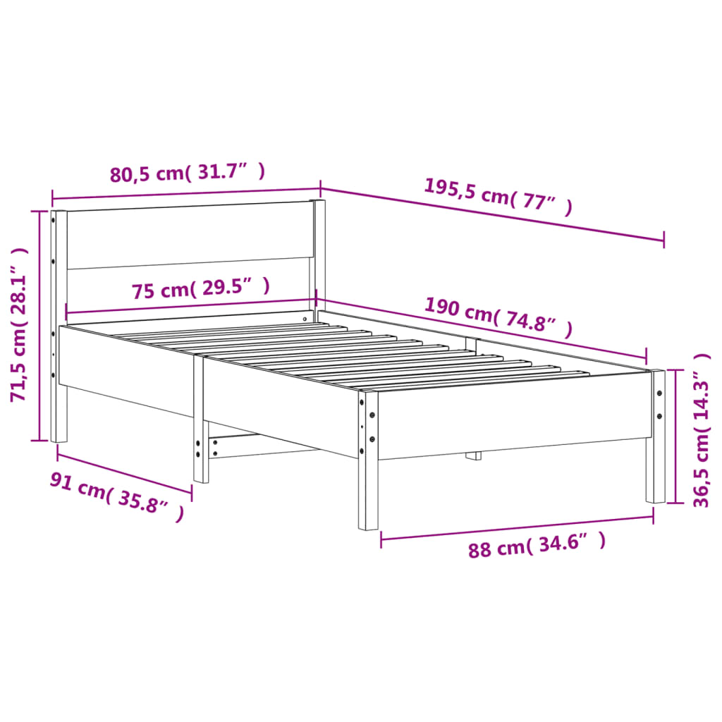 Giroletto con Testiera Marrone Cera 75x190 cm Massello Pino 842785