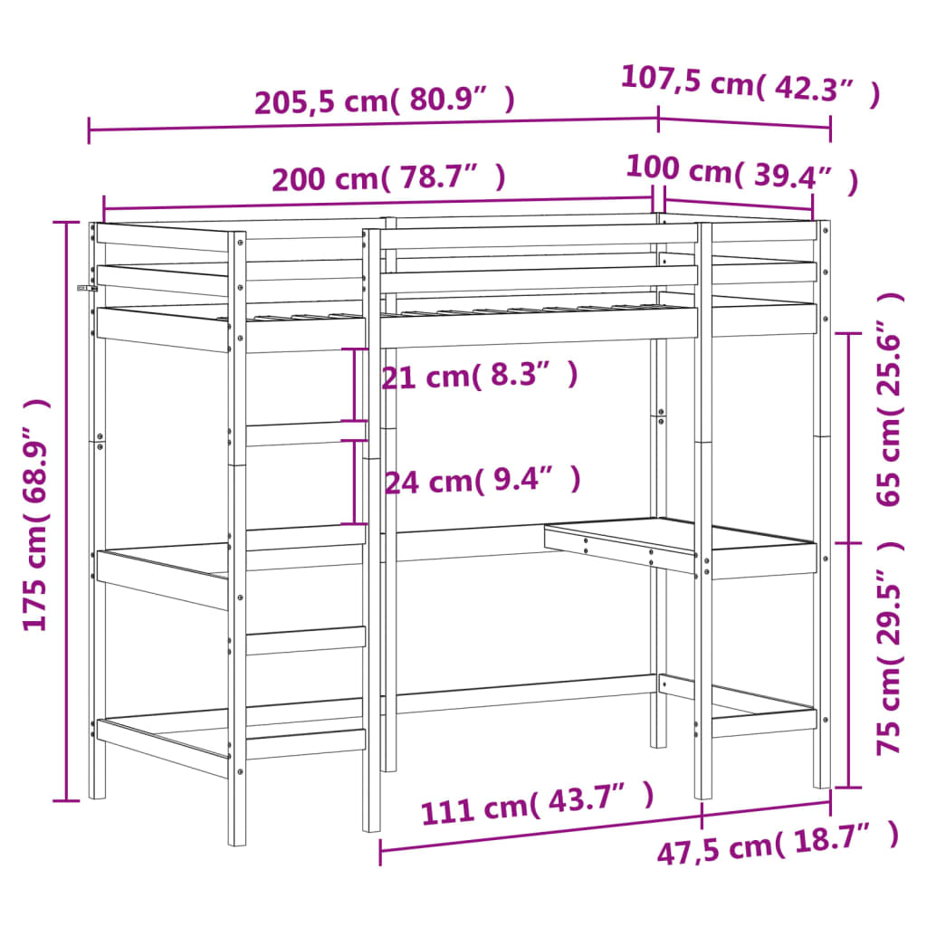 Letto Soppalco con Scrivania 100x200 cm Legno Massello Pino 842846