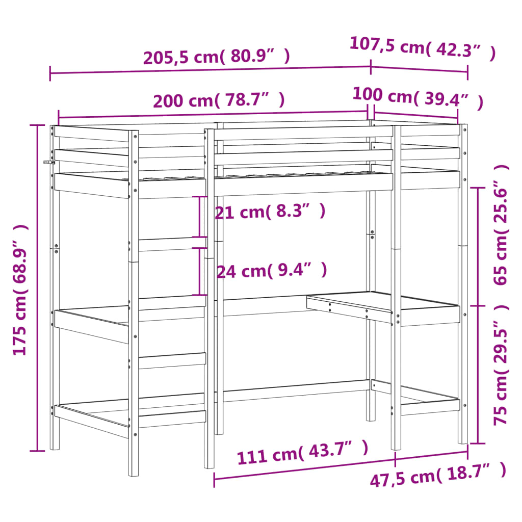 Letto Soppalco con Scrivania Bianco 100x200 cm Massello Pino 842847