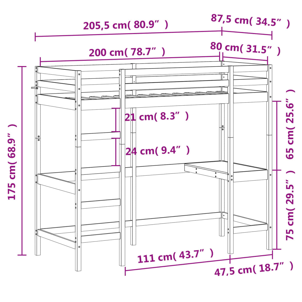 Letto Soppalco con Scrivania 80x200 cm Legno Massello Pino 842854