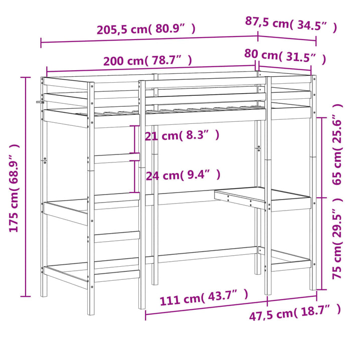 Letto Soppalco con Scrivania 80x200 cm Legno Massello Pino 842854