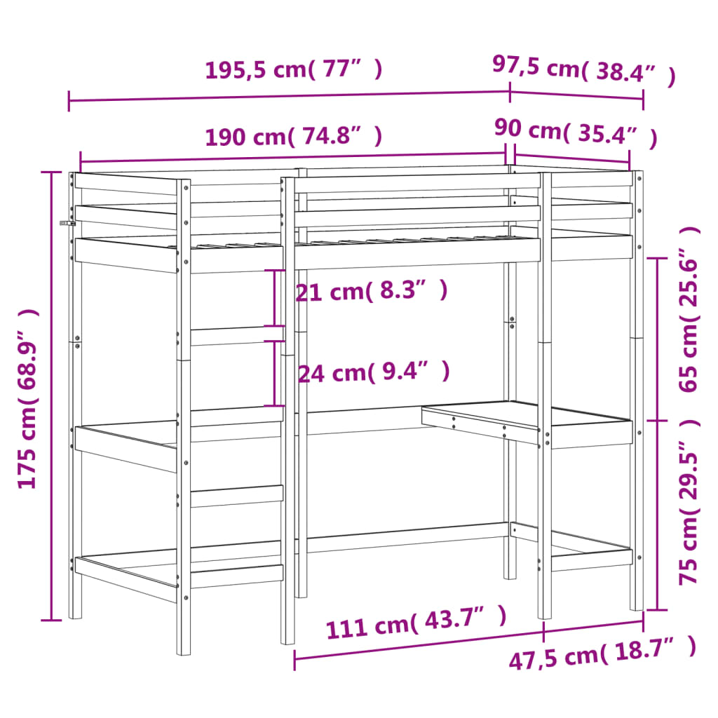 Letto Soppalco con Scrivania 90x190 cm Legno Massello Pino 842858