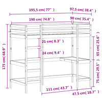 Letto Soppalco con Scrivania 90x190 cm Legno Massello Pino 842858