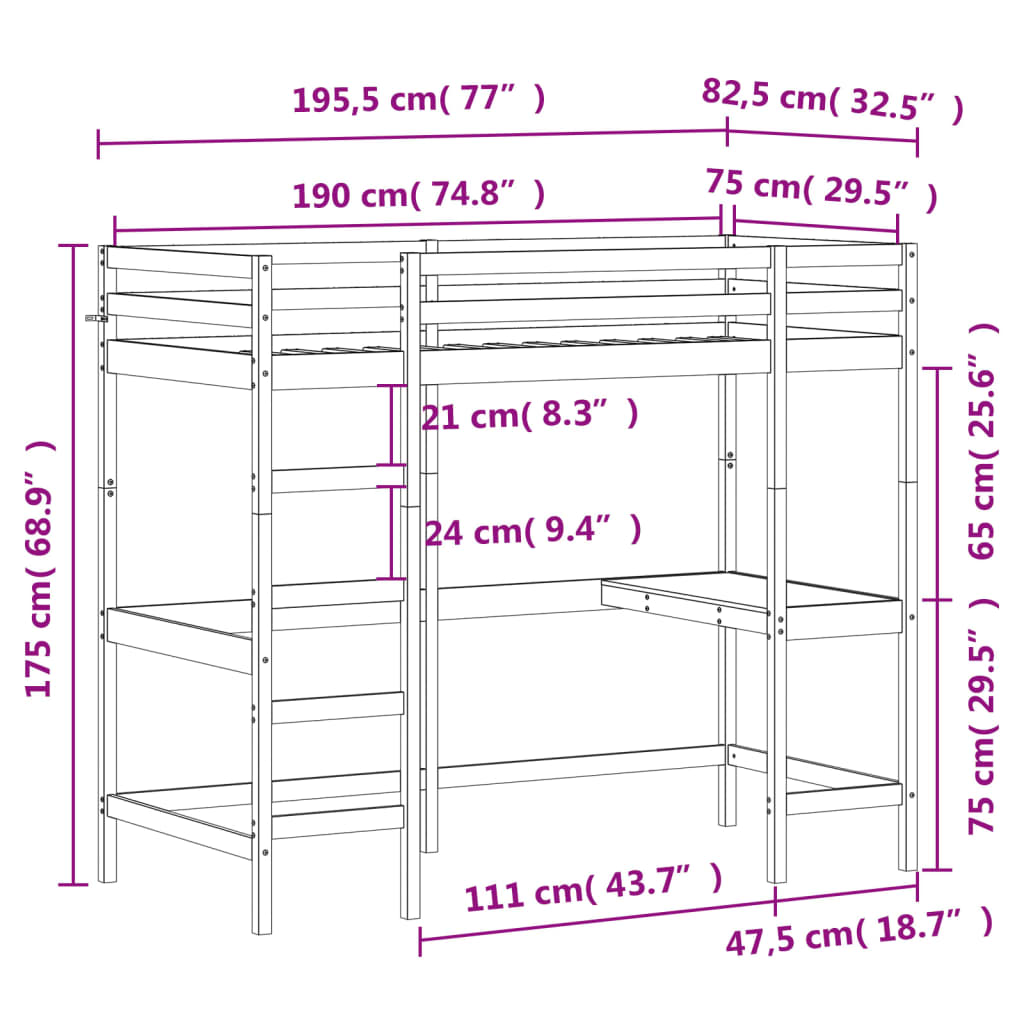 Letto Soppalco con Scrivania Bianco 75x190 cm Massello Pino 842863