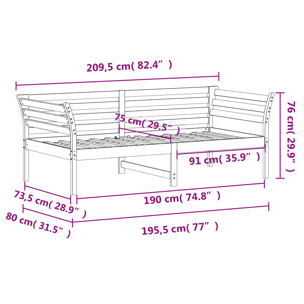 Dormeuse Marrone Cera 75x190 cm in Legno Massello di Pino 842885