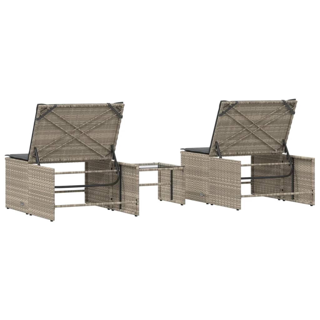 Lettini Prendisole 2pz con Tavolino Grigio Chiaro in Polyrattan 368427